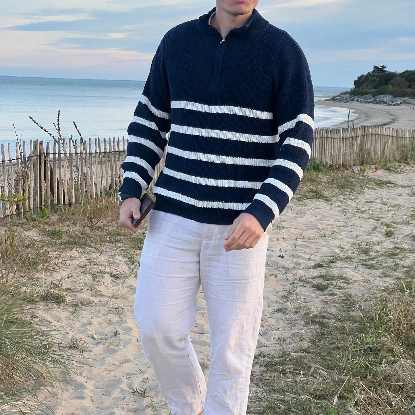 Men's Striped Casual Cotton Blend Sweater with Half Zipper