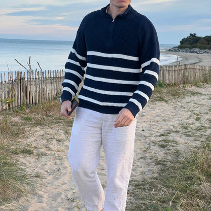 Men's Striped Casual Cotton Blend Sweater with Half Zipper