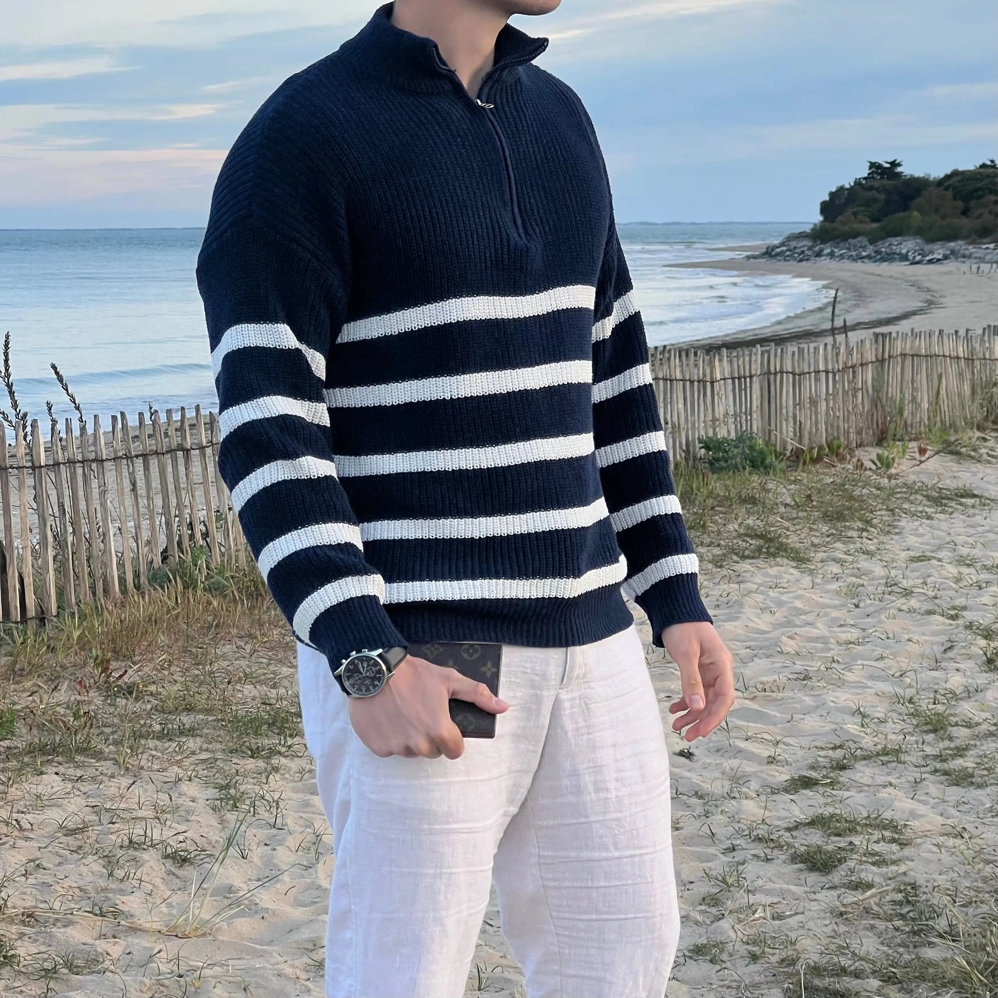 Men's Striped Casual Cotton Blend Sweater with Half Zipper