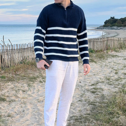 Men's Striped Casual Cotton Blend Sweater with Half Zipper