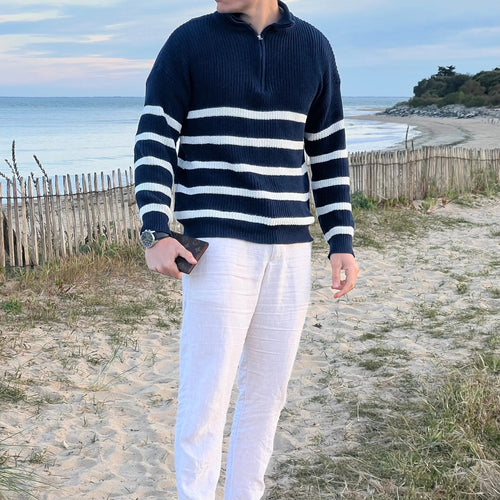 Men's Striped Casual Cotton Blend Sweater with Half Zipper
