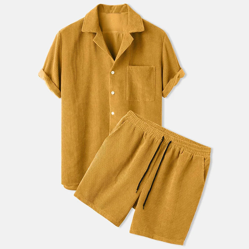 Men's Summer Outfit String Pants and Shirt Set Casual String Material
