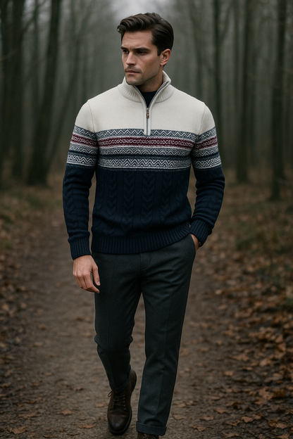 Men's Sweater Quarter Zipper Norwegian Pattern Soft Mixed Fabric