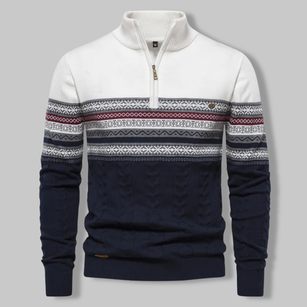 Men's Sweater Quarter Zipper Norwegian Pattern Soft Mixed Fabric