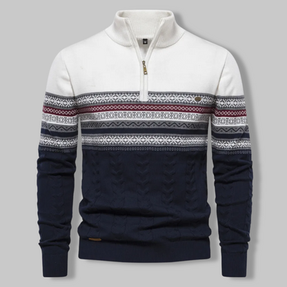 Men's Sweater Quarter Zipper Norwegian Pattern Soft Mixed Fabric