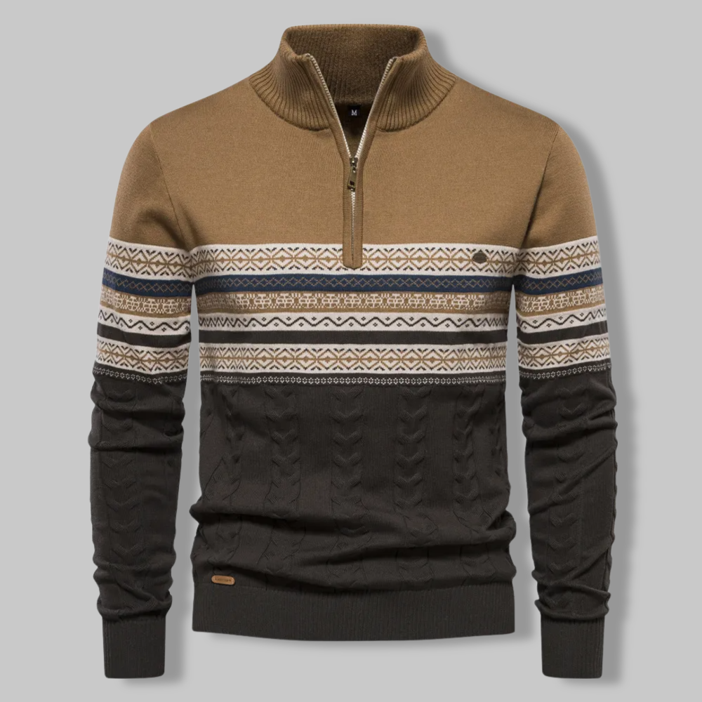 Men's Sweater Quarter Zipper Norwegian Pattern Soft Mixed Fabric