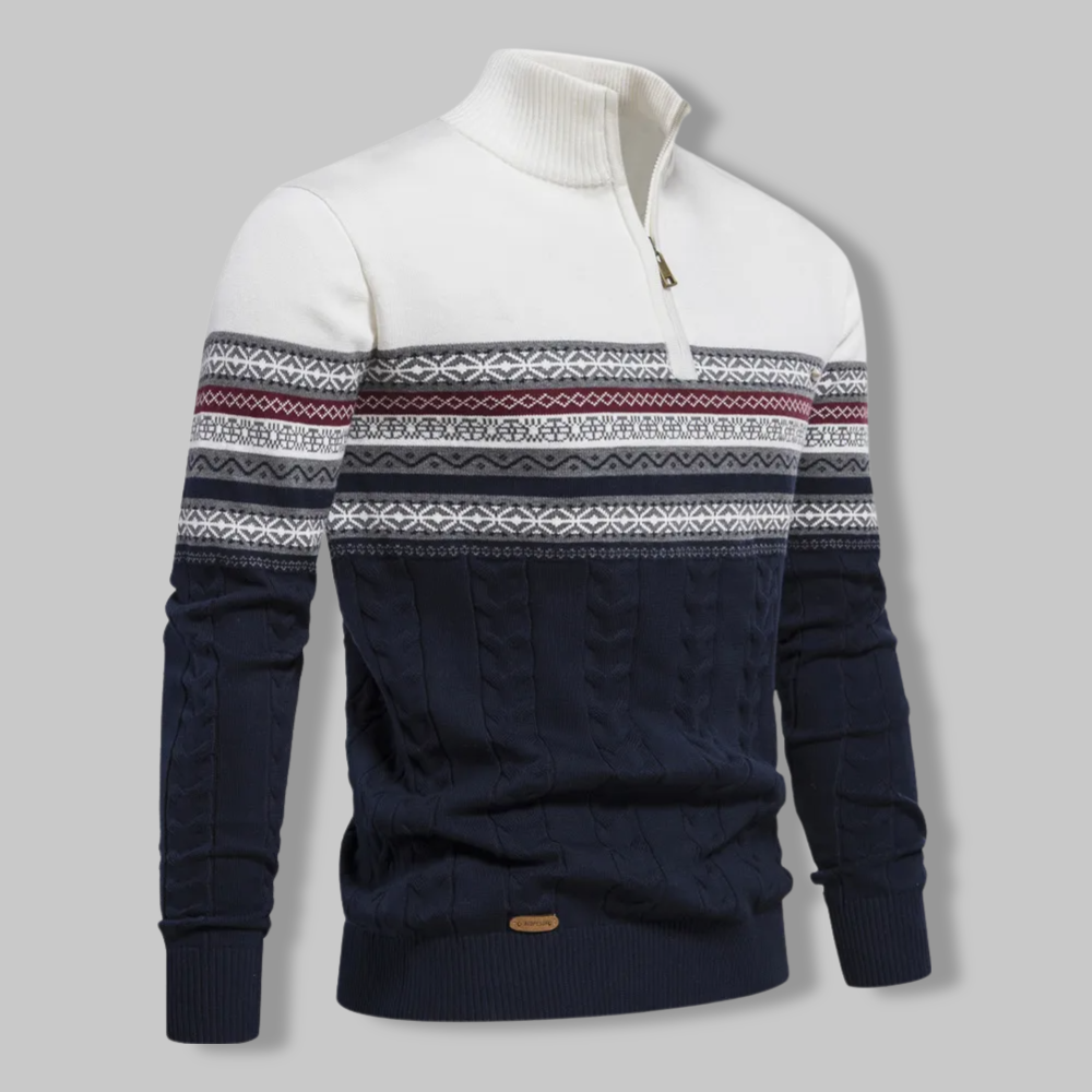 Men's Sweater Quarter Zipper Norwegian Pattern Soft Mixed Fabric