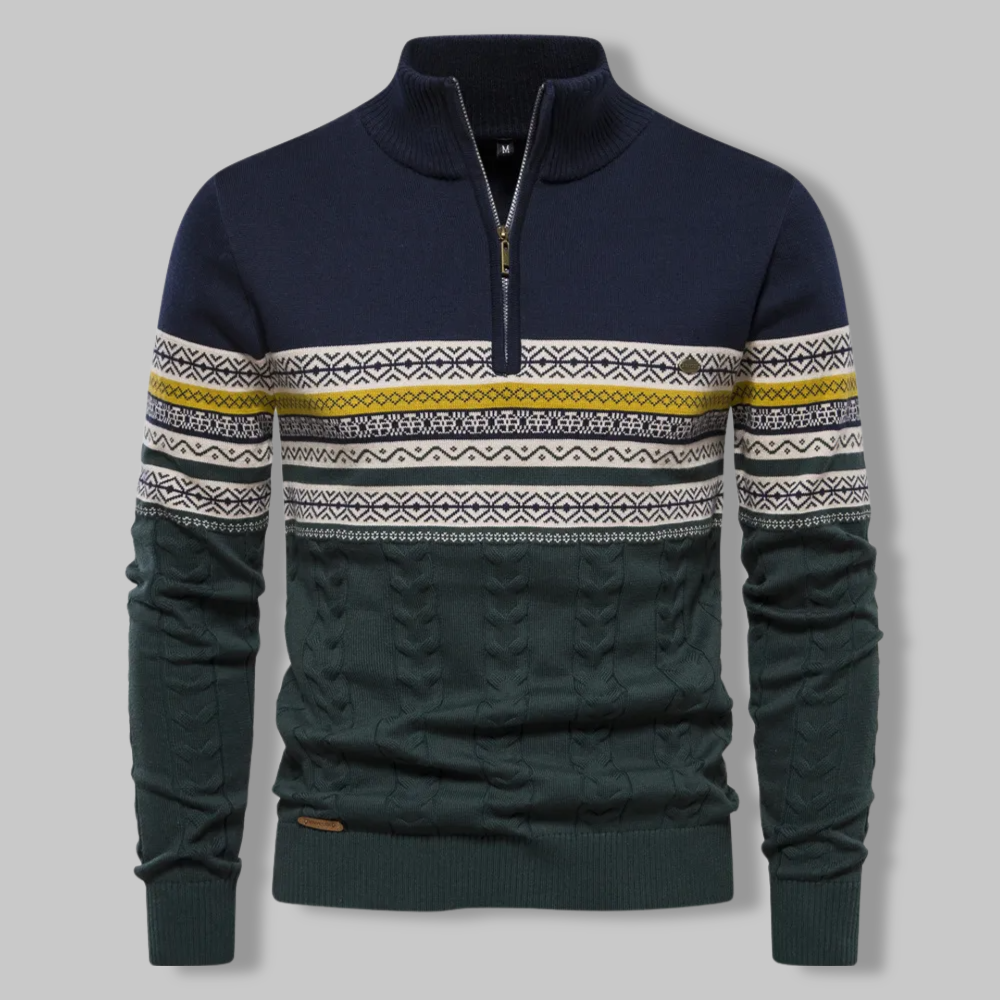 Men's Sweater Quarter Zipper Norwegian Pattern Soft Mixed Fabric