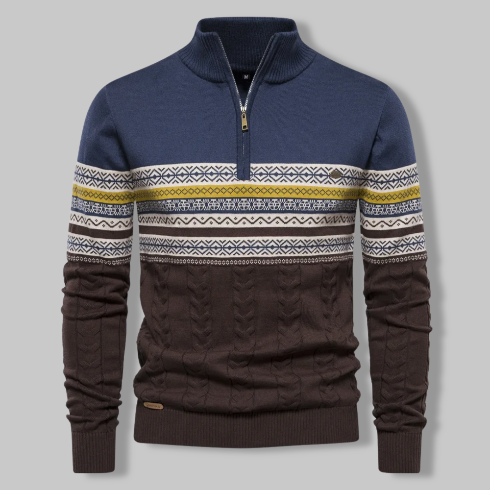 Men's Sweater Quarter Zipper Norwegian Pattern Soft Mixed Fabric