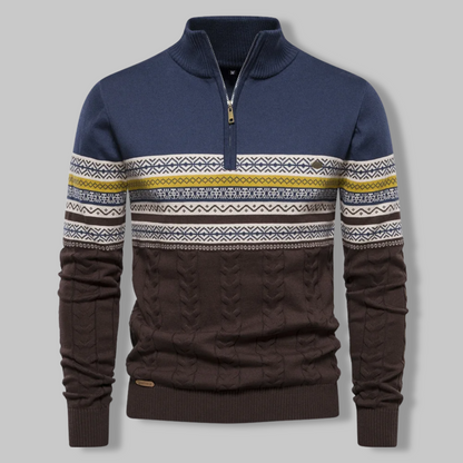 Men's Sweater Quarter Zipper Norwegian Pattern Soft Mixed Fabric