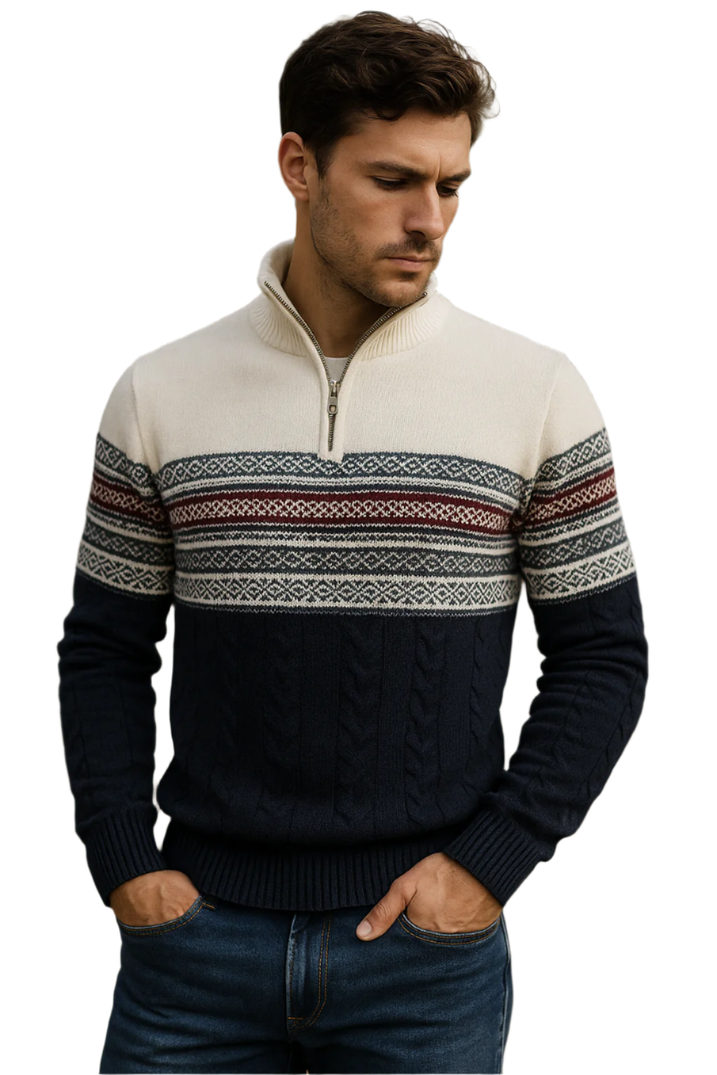 Men's Sweater Quarter Zipper Norwegian Pattern Soft Mixed Fabric