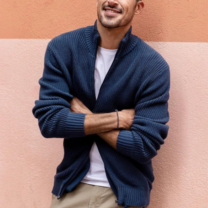 Men's Sweater with Zip Neck and Ribbed Texture