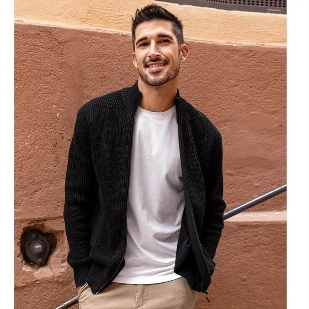 Men's Sweater with Zip Neck and Ribbed Texture