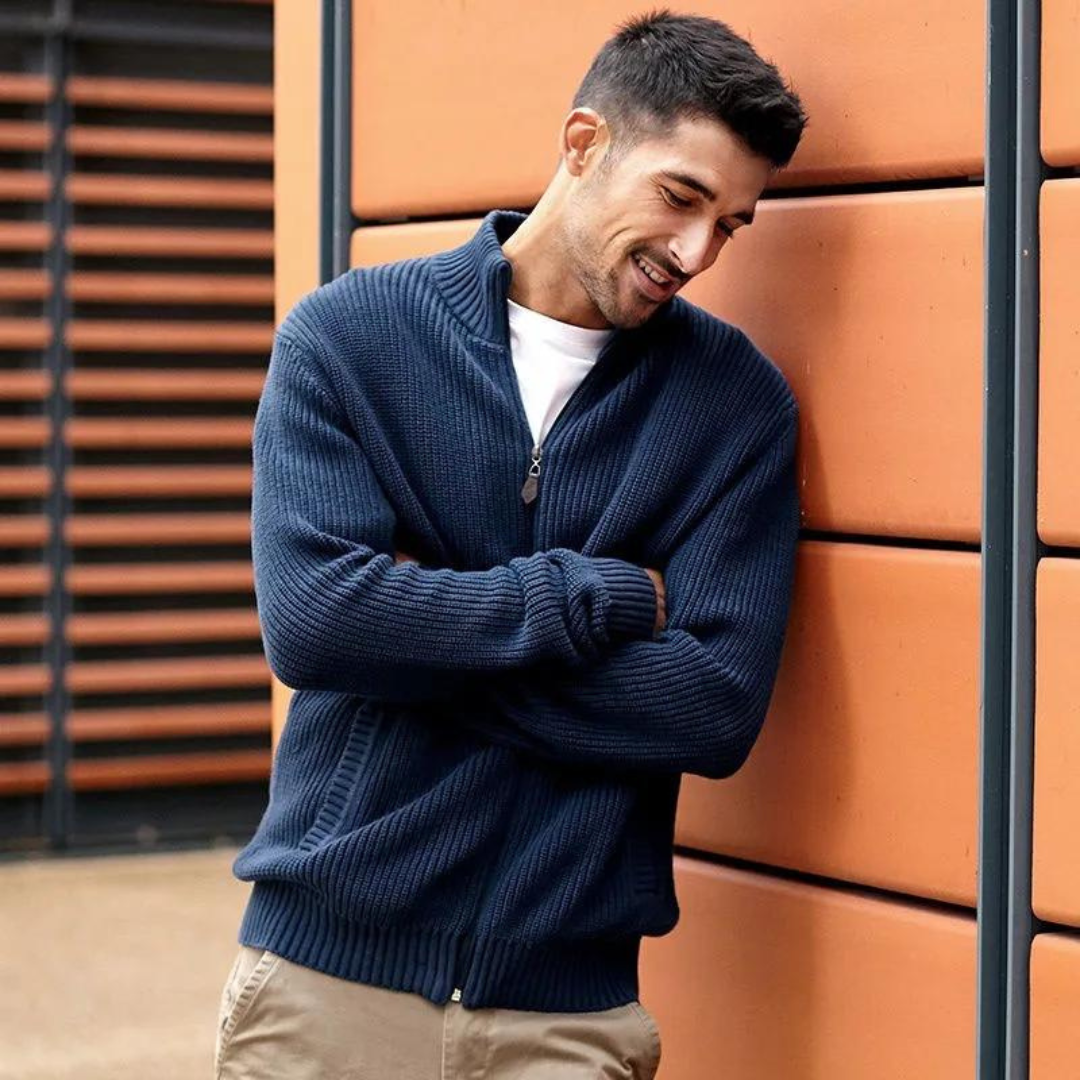 Men's Sweater with Zip Neck and Ribbed Texture