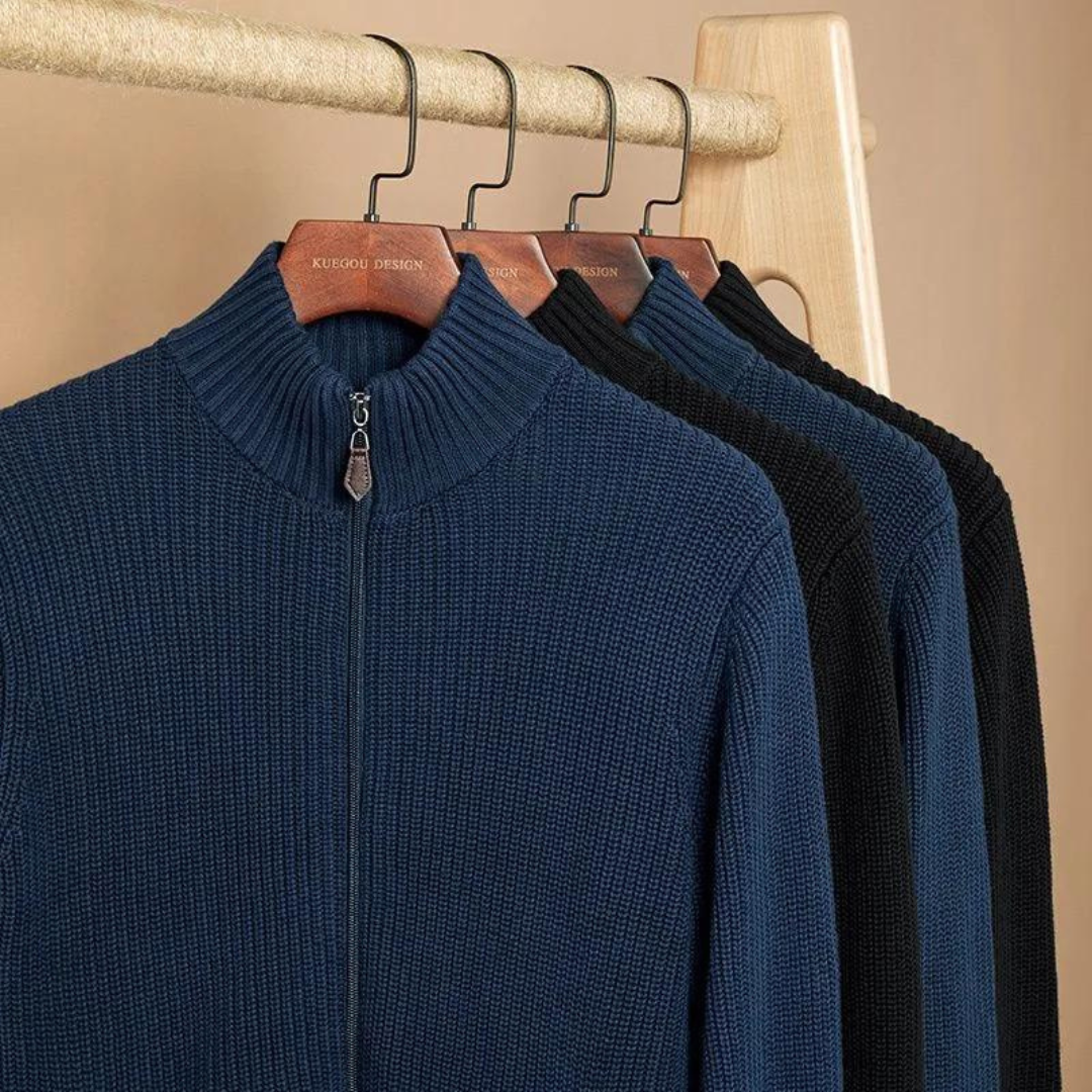 Men's Sweater with Zip Neck and Ribbed Texture