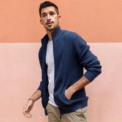 Men's Sweater with Zip Neck and Ribbed Texture