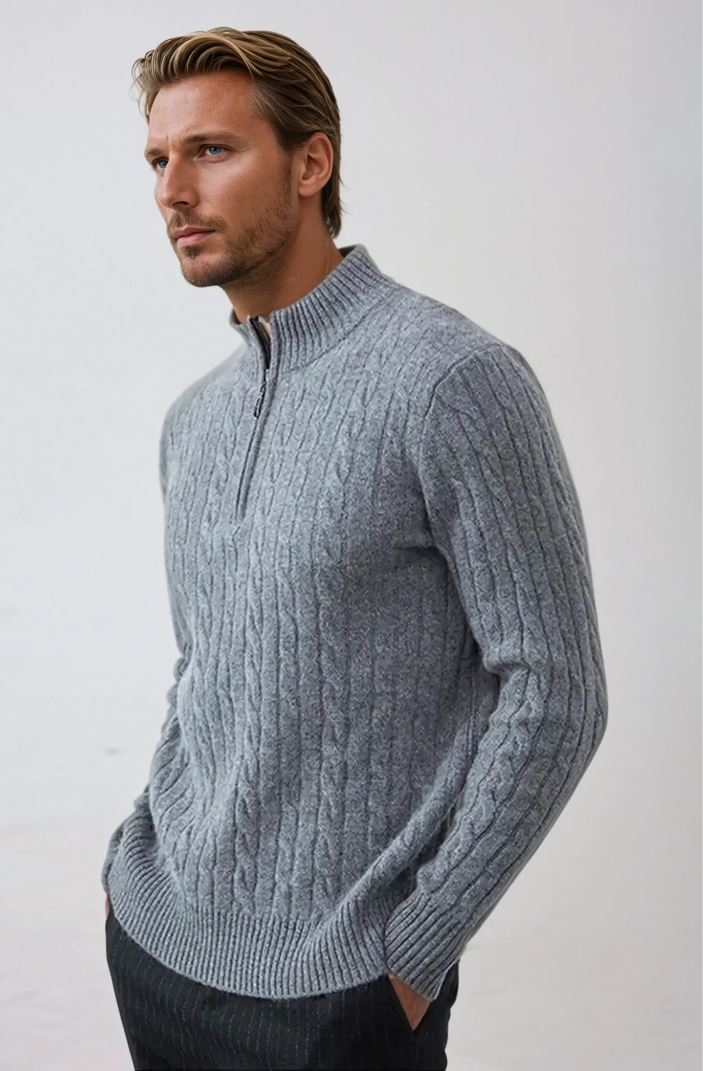 Men's Sweatshirt with Zip and Cable Knit Design