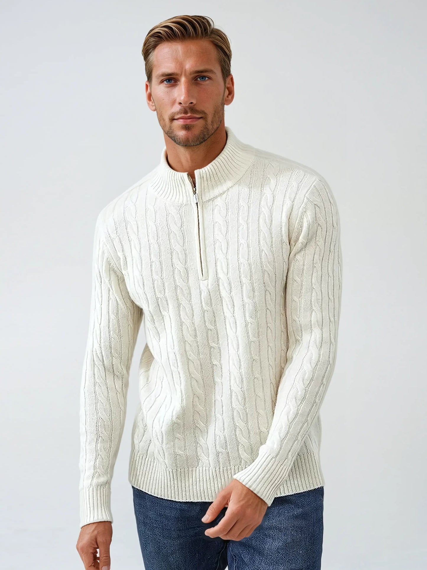 Men's Sweatshirt with Zip and Cable Knit Design