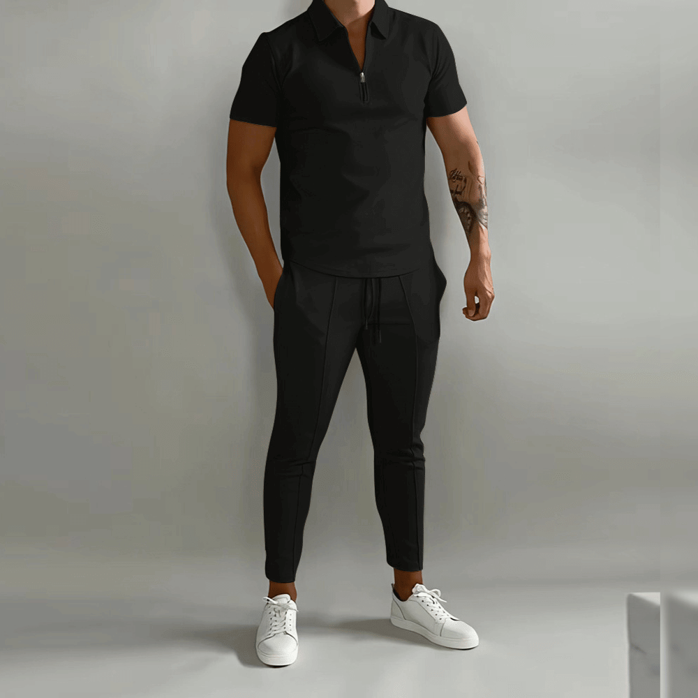 Men's Tracksuit Slim Fit Polo Shirt with Half Zip and Slim Trousers