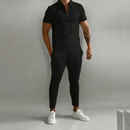 Men's Tracksuit Slim Fit Polo Shirt with Half Zip and Slim Trousers