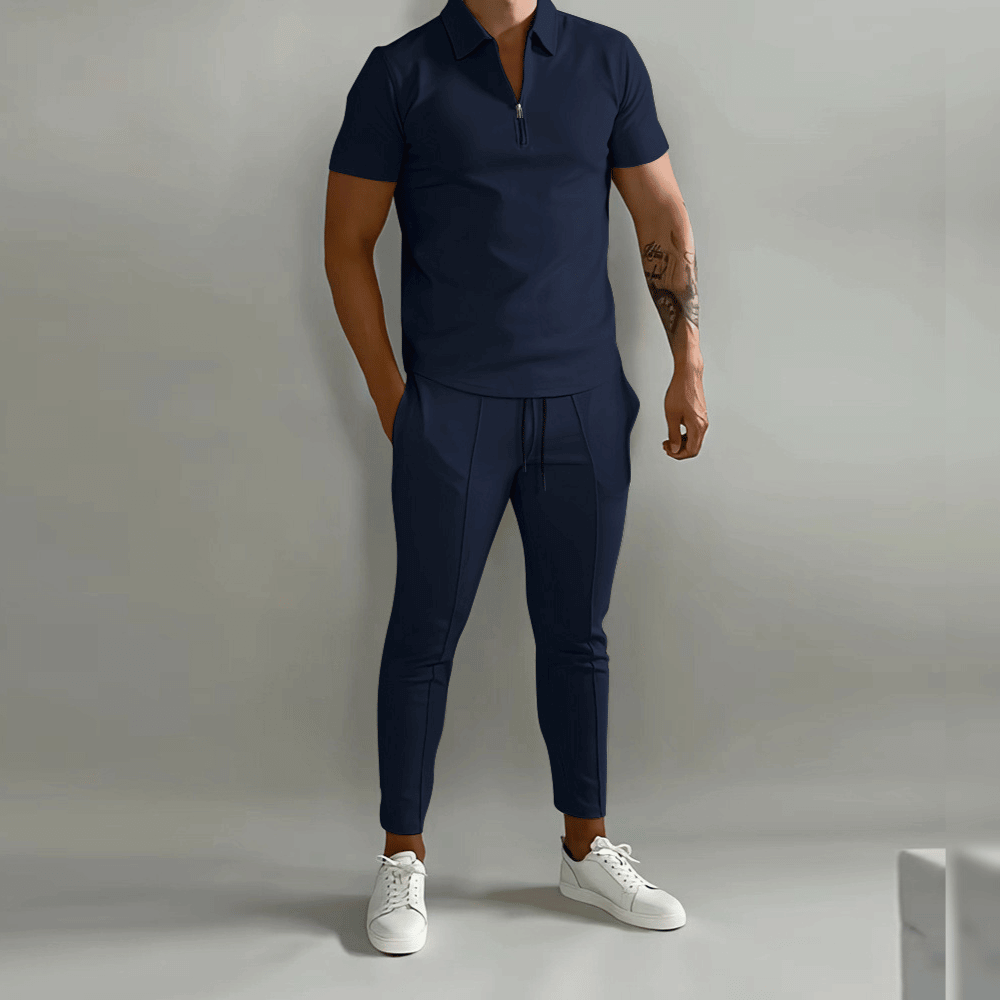 Men's Tracksuit Slim Fit Polo Shirt with Half Zip and Slim Trousers
