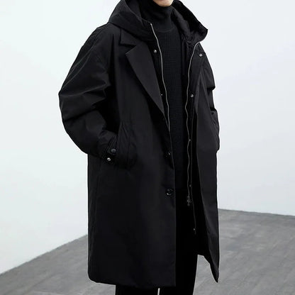 Men's hooded trench coat with oversized fit