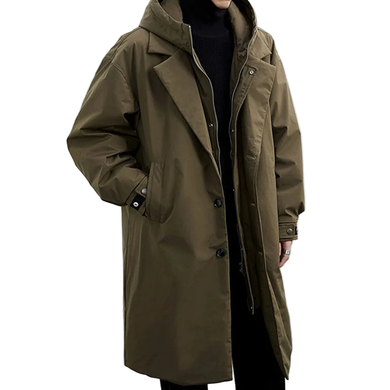 Men's hooded trench coat with oversized fit