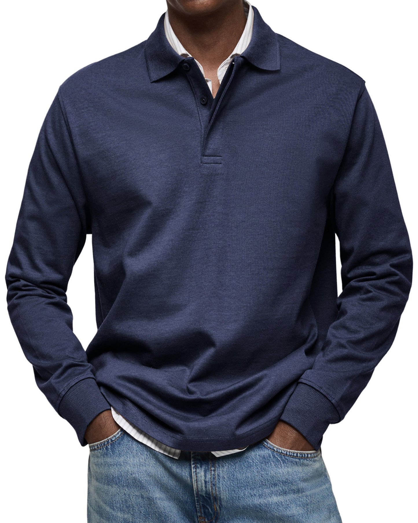 Men's long-sleeved polo shirt with button collar