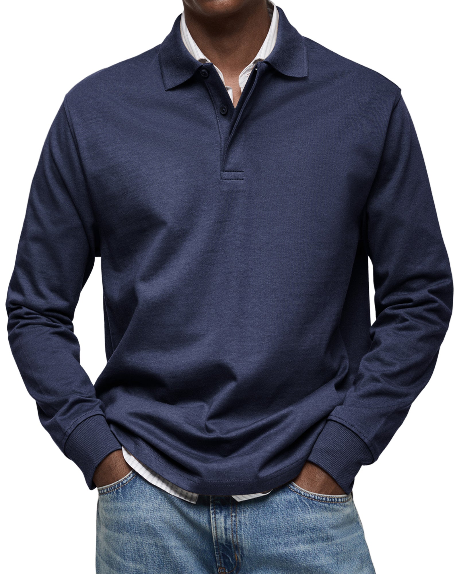 Men's long-sleeved polo shirt with button collar