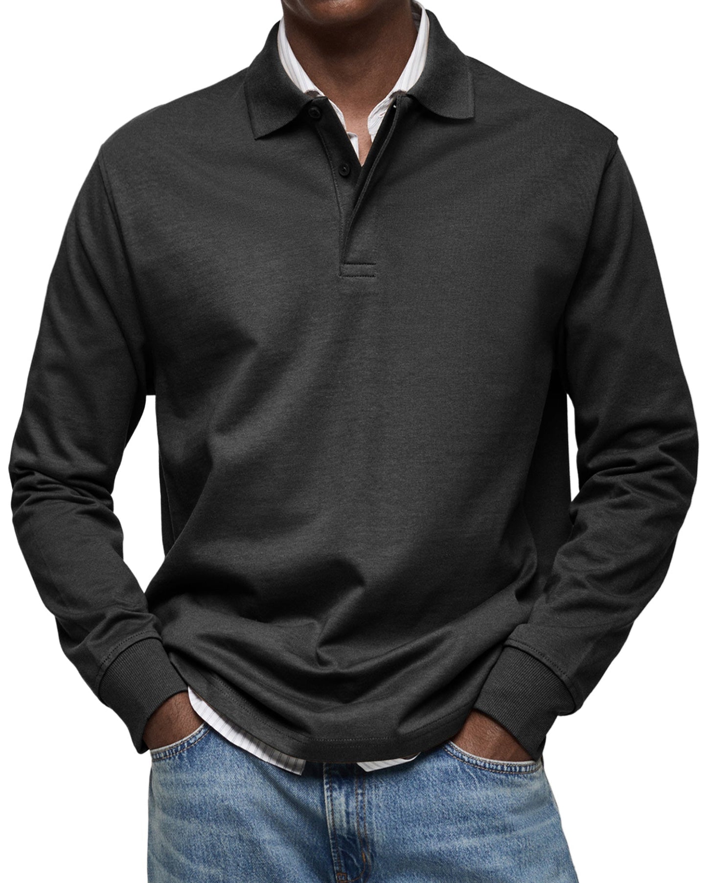 Men's long-sleeved polo shirt with button collar