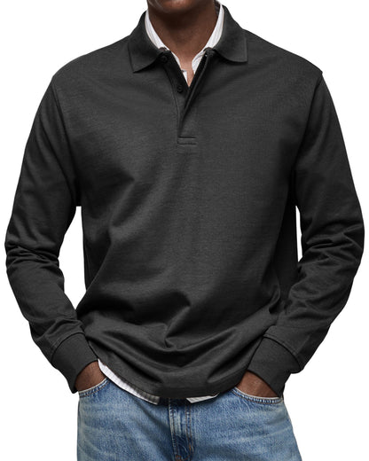 Men's long-sleeved polo shirt with button collar
