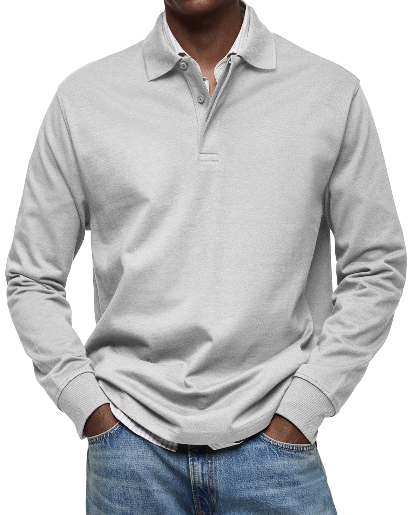 Men's long-sleeved polo shirt with button collar