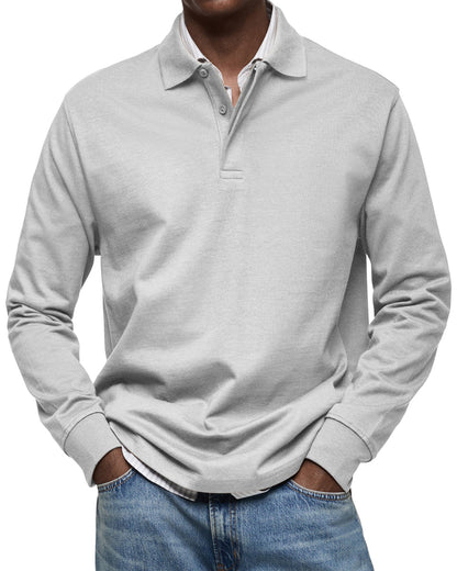 Men's long-sleeved polo shirt with button collar