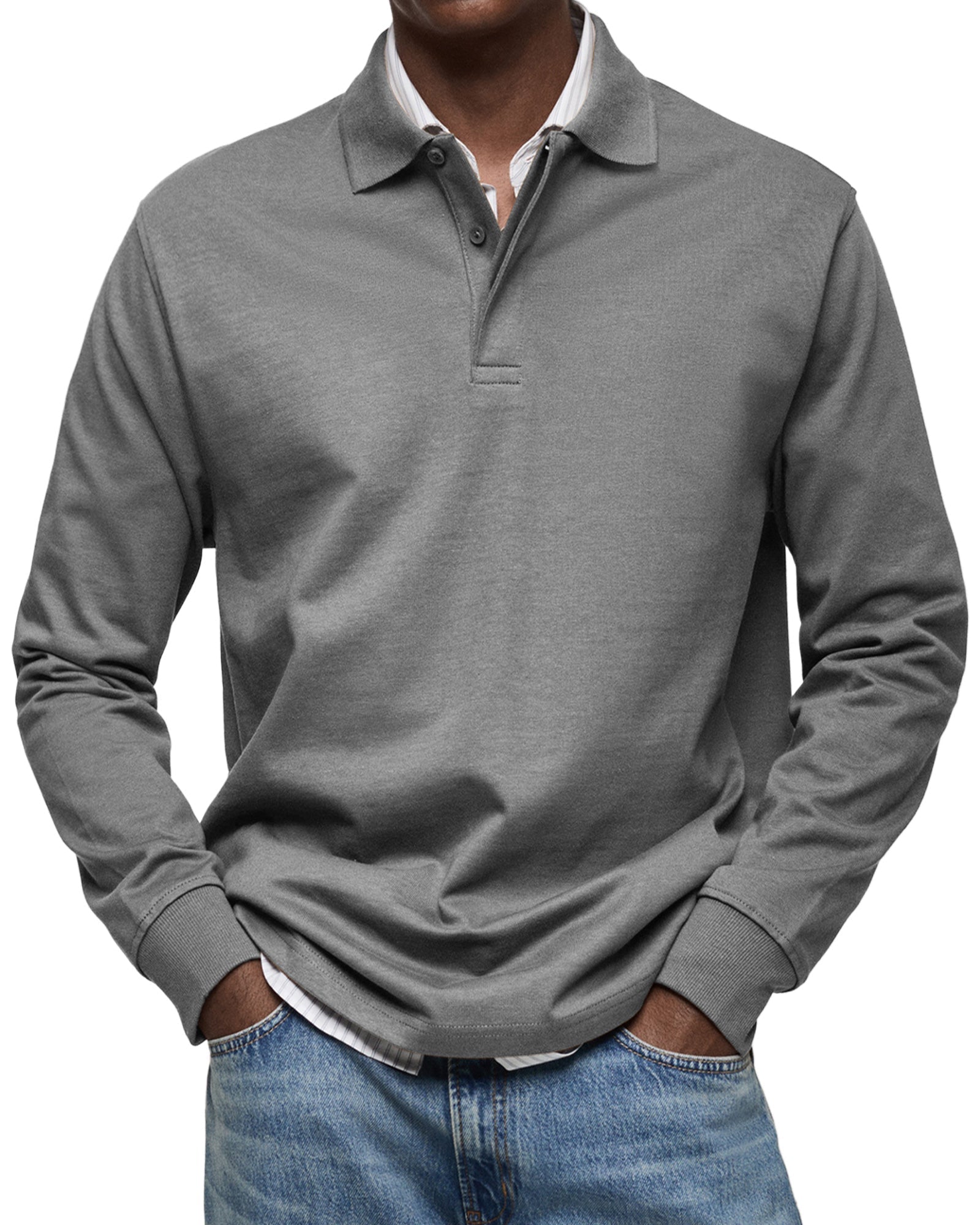 Men's long-sleeved polo shirt with button collar