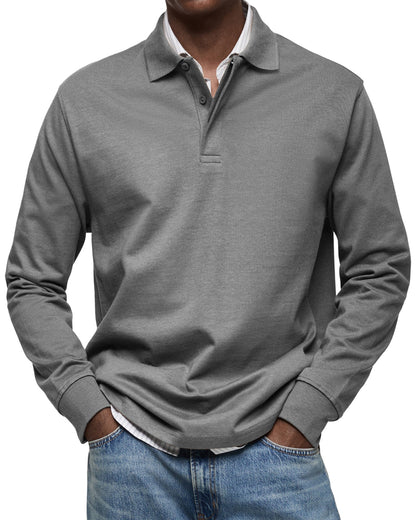 Men's long-sleeved polo shirt with button collar