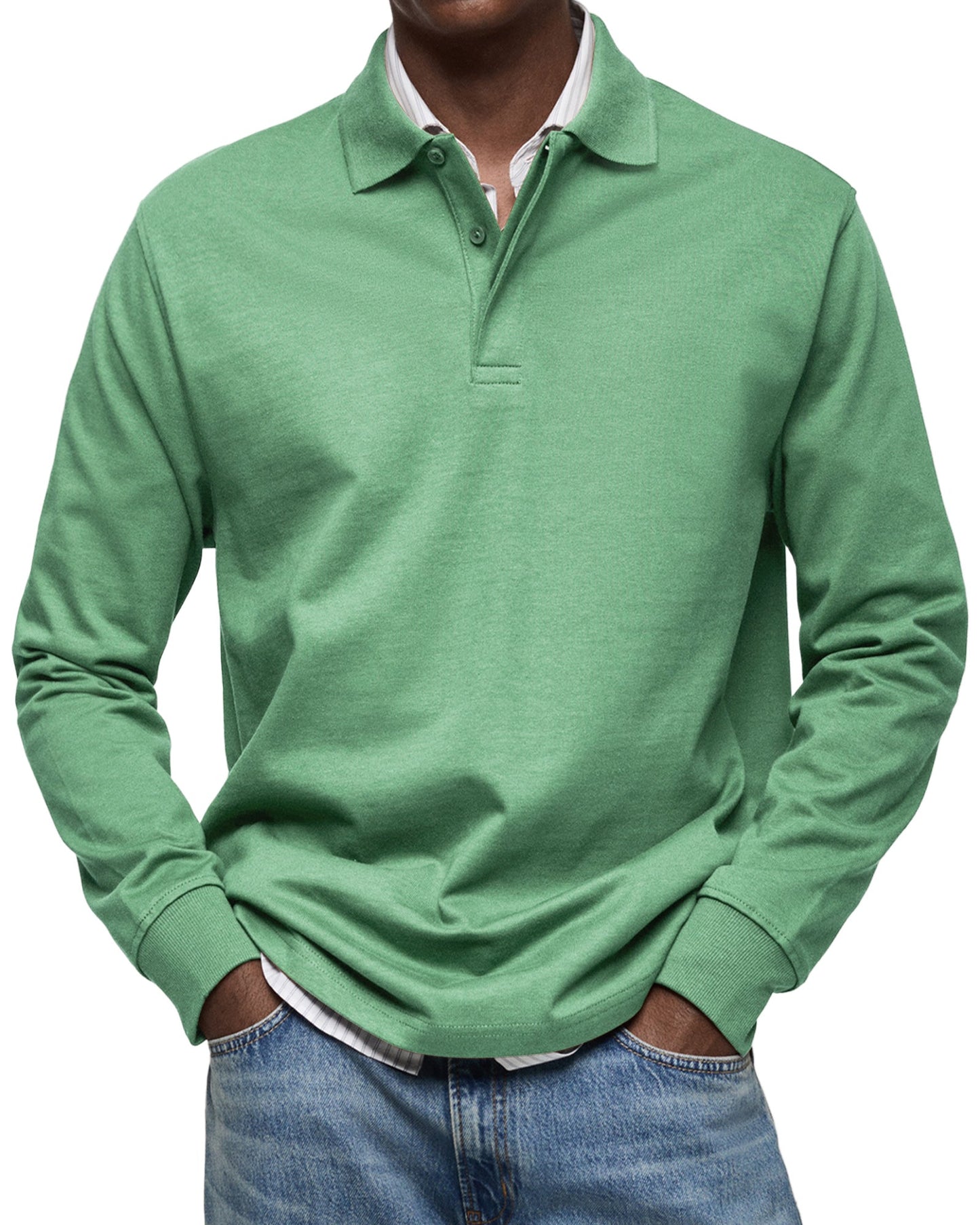 Men's long-sleeved polo shirt with button collar