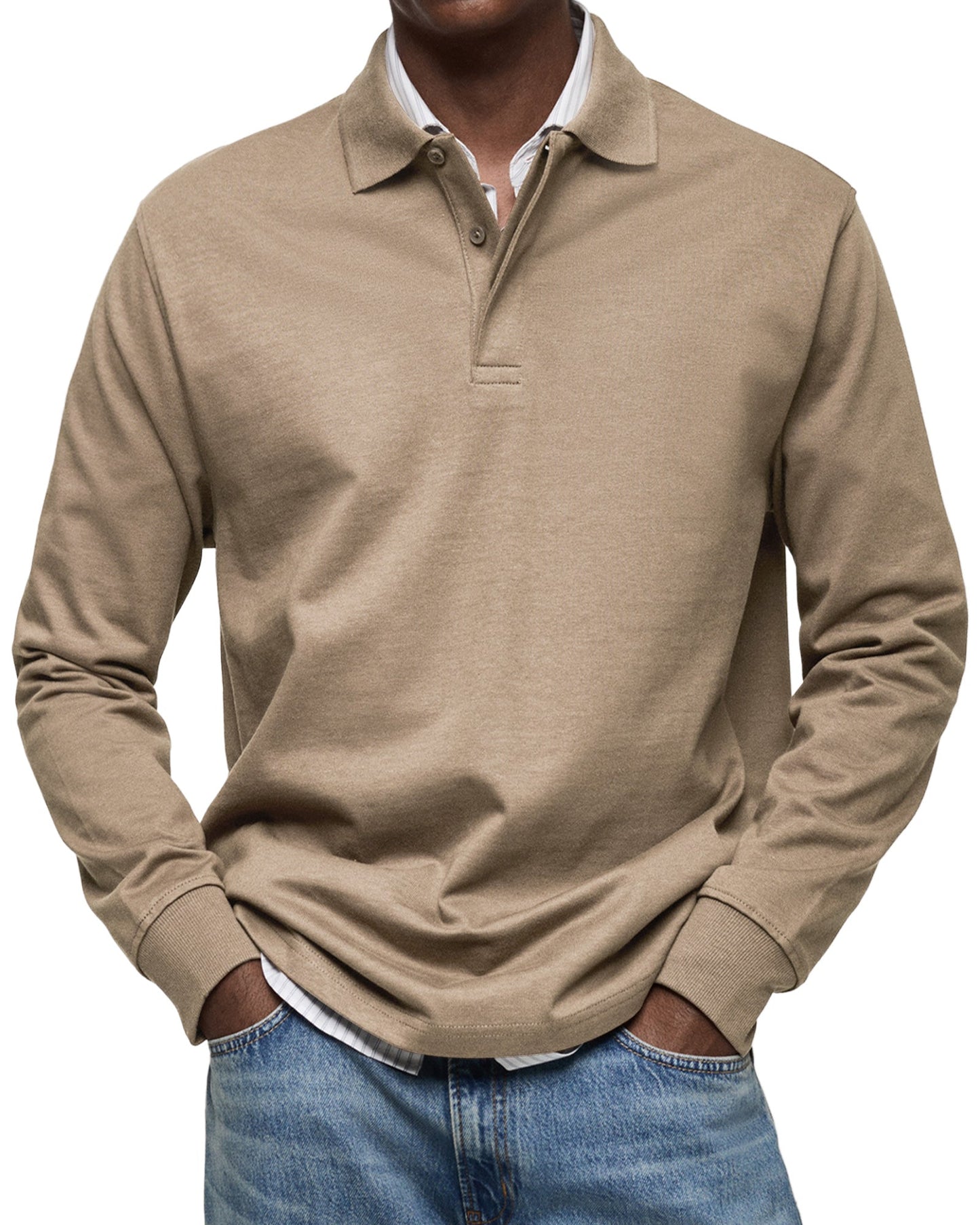 Men's long-sleeved polo shirt with button collar