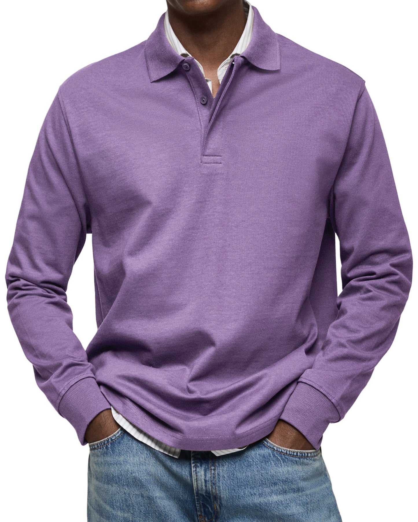 Men's long-sleeved polo shirt with button collar