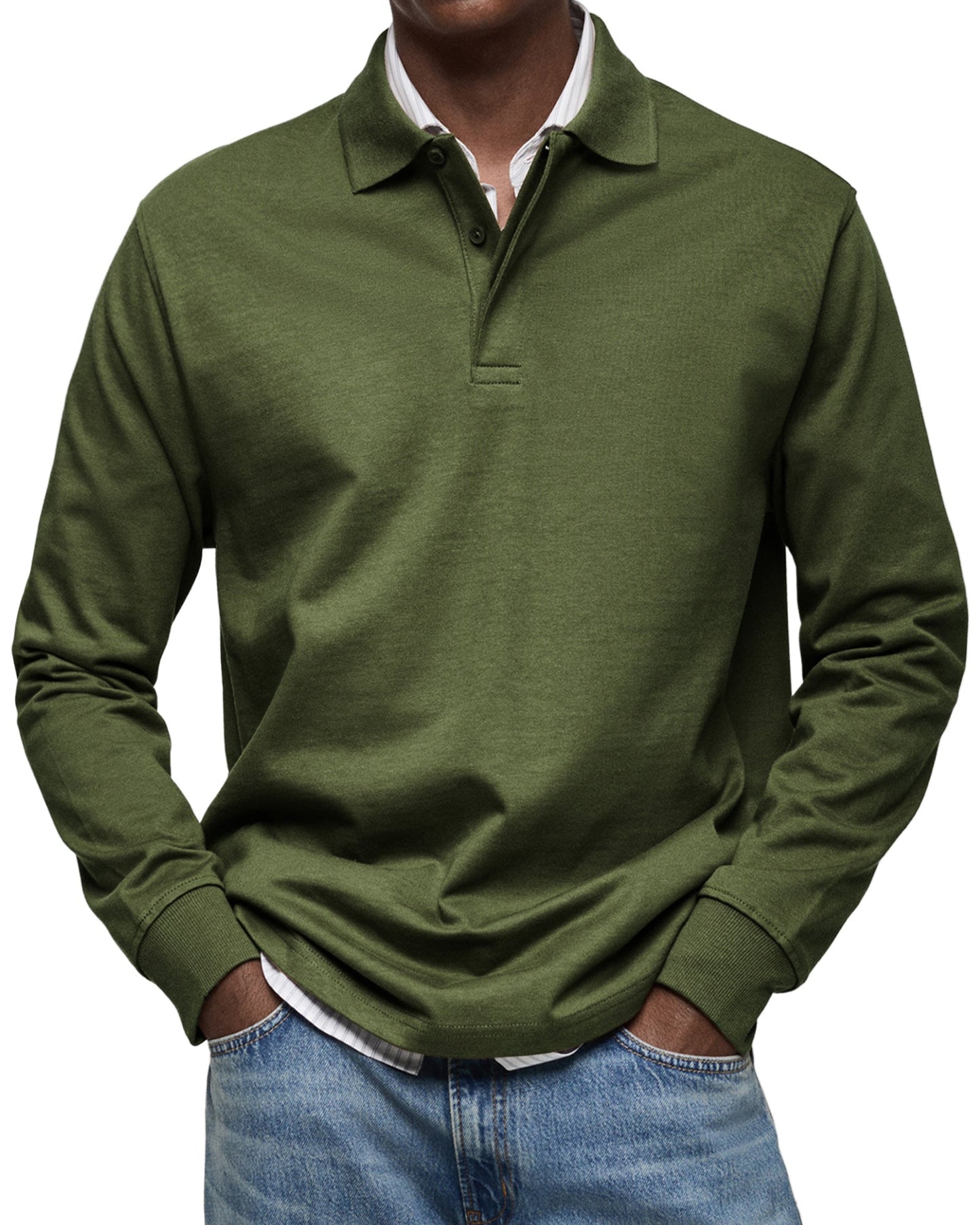 Men's long-sleeved polo shirt with button collar
