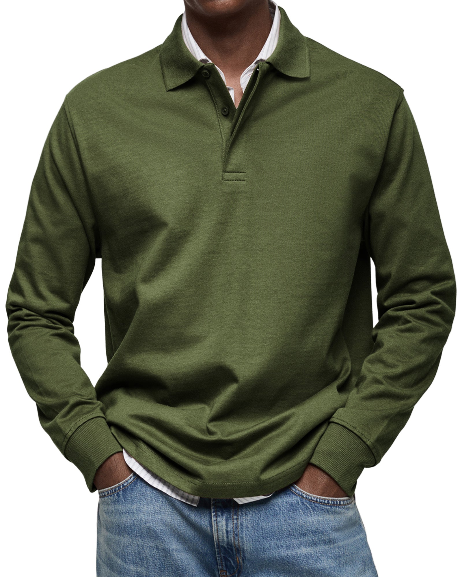 Men's long-sleeved polo shirt with button collar