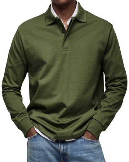 Men's long-sleeved polo shirt with button collar