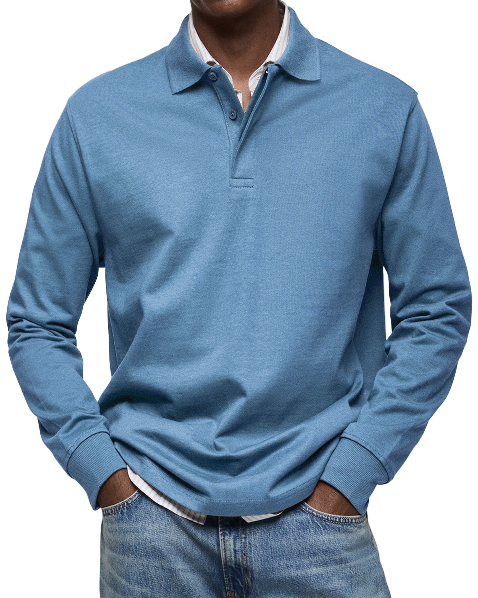 Men's long-sleeved polo shirt with button collar