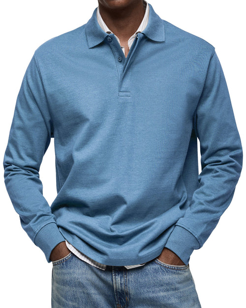 Men's long-sleeved polo shirt with button collar