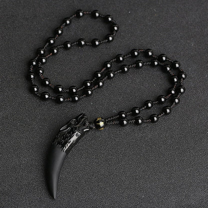 Obsidian Wolf Tooth Pendant Necklace