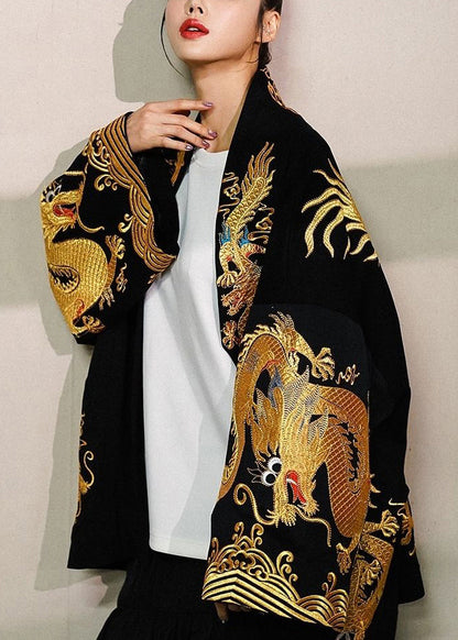 Oversized Cotton Cardigan with Gold Dragon Print for Women