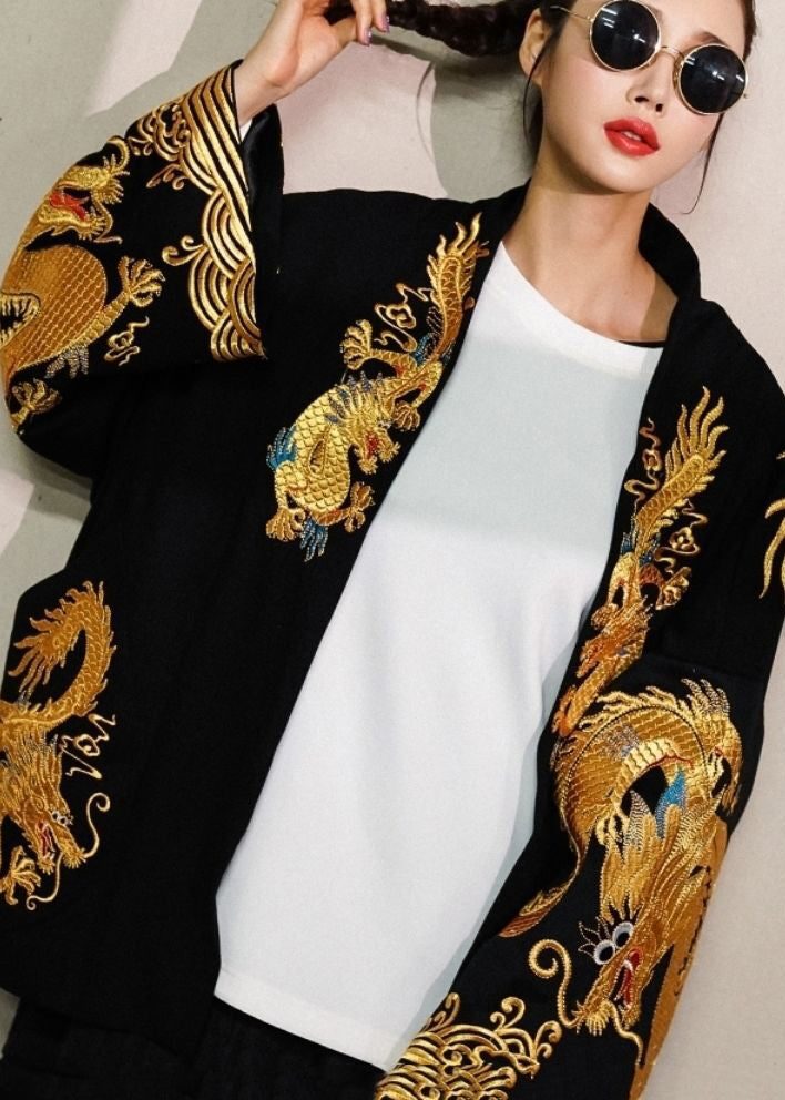 Oversized Cotton Cardigan with Gold Dragon Print for Women