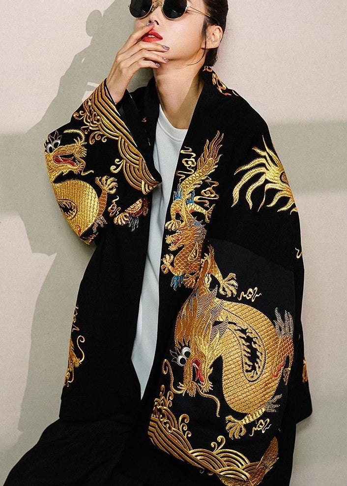 Oversized Cotton Cardigan with Gold Dragon Print for Women