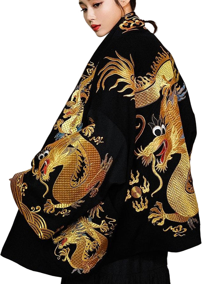 Oversized Cotton Cardigan with Gold Dragon Print for Women