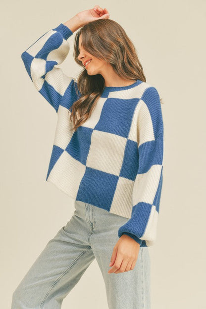 Oversized Pullover Plaid Pattern Cobalt