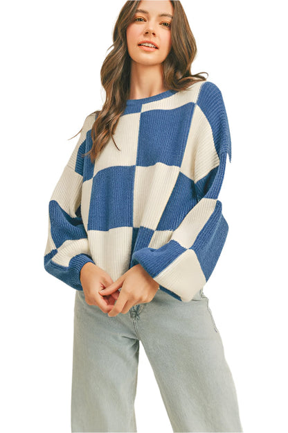 Oversized Pullover Plaid Pattern Cobalt